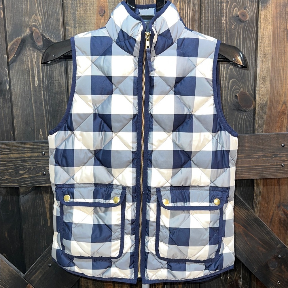 J. Crew Quilted Down Puffer Vest S Blue Plaid Preppy Outdoors Pockets Zipper